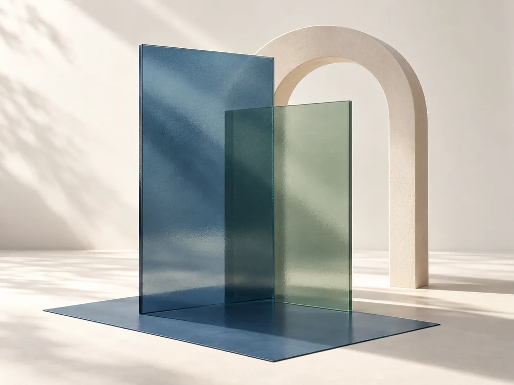 Láminas de vidrio azul y salvia que representan espacios de trabajo